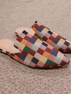 Tilocow pointed toe backless loafers W/ multi-colored woven checkered Size 7.5